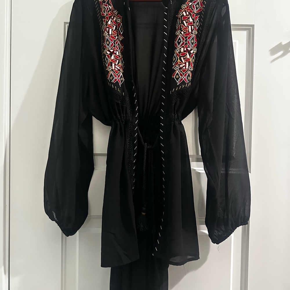 Chico's Black Sheer Tunic with Red Embroidery